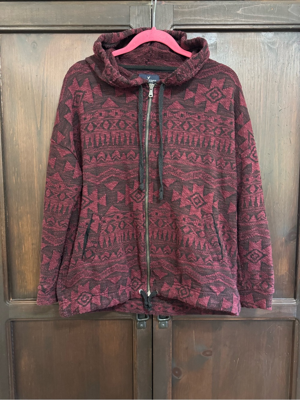 American Eagle Geometric Knit FullZip Sweater Cozy Maroon Aztec Hoodie Cabincore